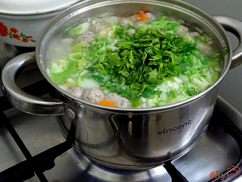 Фото приготовление рецепта: Суп с фрикадельками и пекинской капустой (без пассеровки) шаг №9