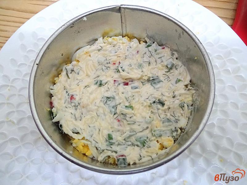 Фото приготовление рецепта: Салат с брюшками сёмги, яйцом и маринованным огурцом шаг №9