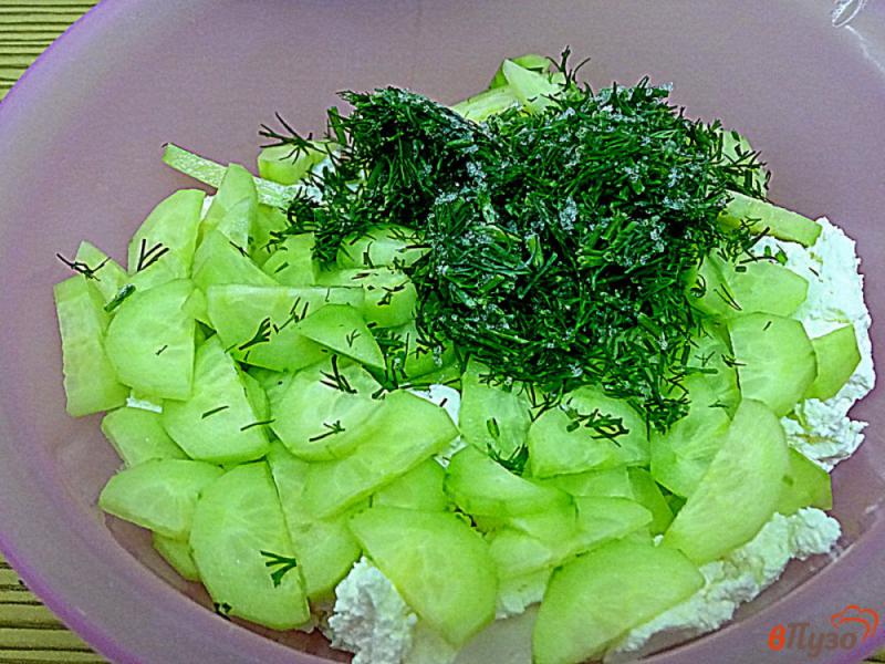 Фото приготовление рецепта: Салат из творога, огурцов и зелёного лука шаг №4