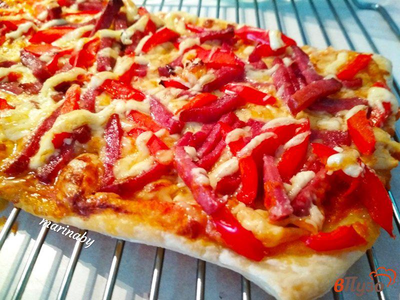 Фото приготовление рецепта: Пицца на слоеном тесте с колбасой сервелат шаг №10