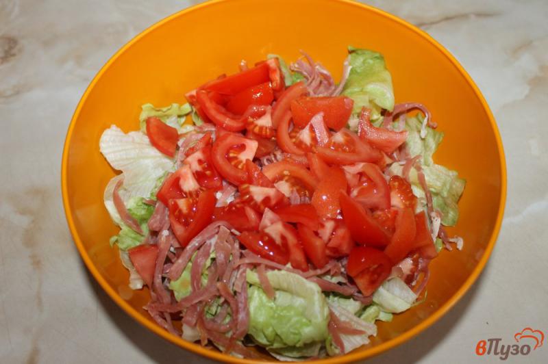 Фото приготовление рецепта: Салат из айсберга с вяленым мясом и томатами под сыром шаг №3