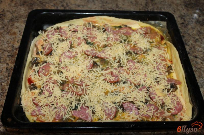 Фото приготовление рецепта: Пицца с салями, сыром и грибами в яичной заливке шаг №8