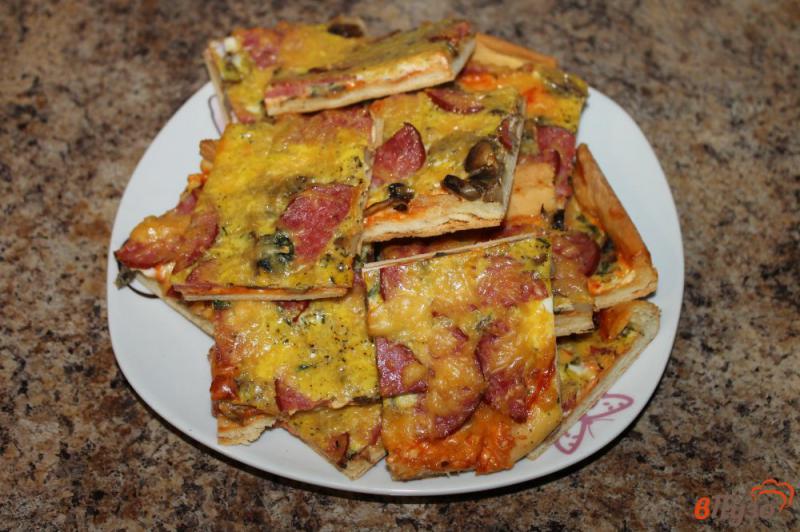Фото приготовление рецепта: Пицца с салями, сыром и грибами в яичной заливке шаг №9