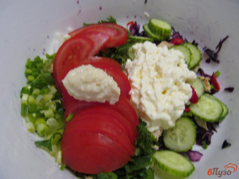 Фото приготовление рецепта: Салат из красной капусты с курицей и помидором шаг №4