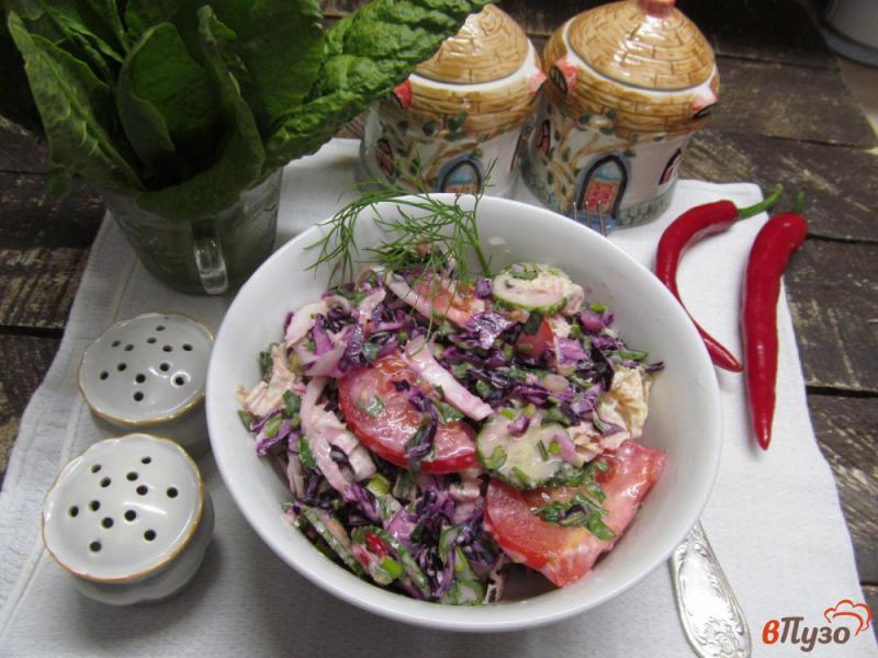 Фото приготовление рецепта: Салат из красной капусты с курицей и помидором шаг №6