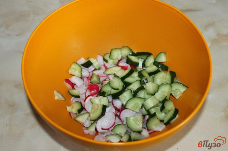 Фото приготовление рецепта: Салат из редиса, помидора и огурца с зеленым луком шаг №2