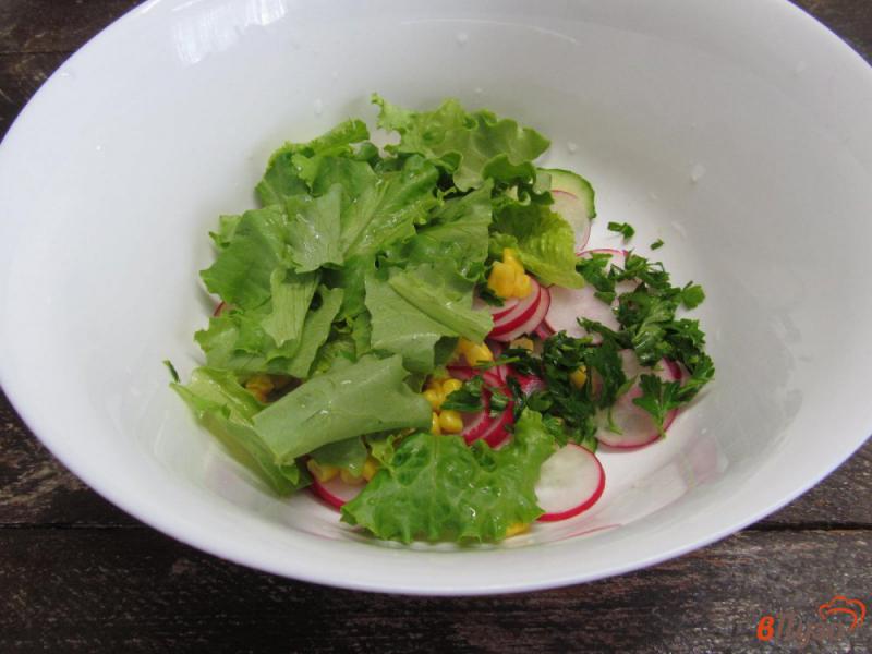 Фото приготовление рецепта: Салат из огурца с кукурузой и редькой шаг №4