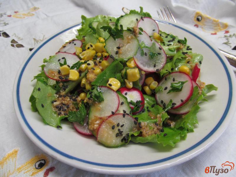 Фото приготовление рецепта: Салат из огурца с кукурузой и редькой шаг №6