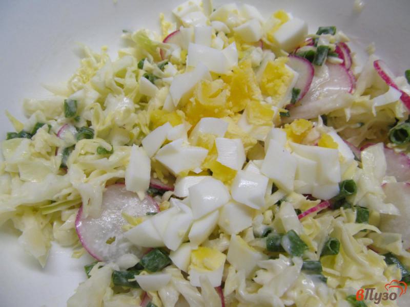 Фото приготовление рецепта: Салат из молодой капусты с редисом и яйцом шаг №5
