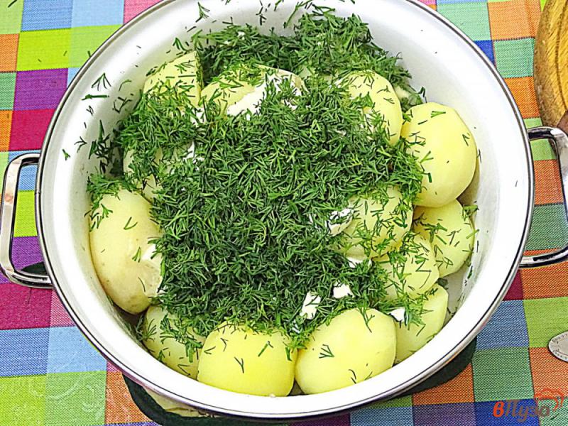 Фото приготовление рецепта: Молодой картофель со сметаной укропом и чесноком шаг №7
