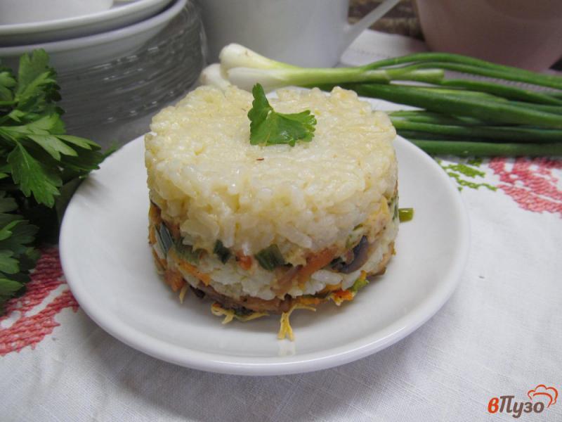 Фото приготовление рецепта: Слоеная запеканка из риса с овощами и грибами шаг №9