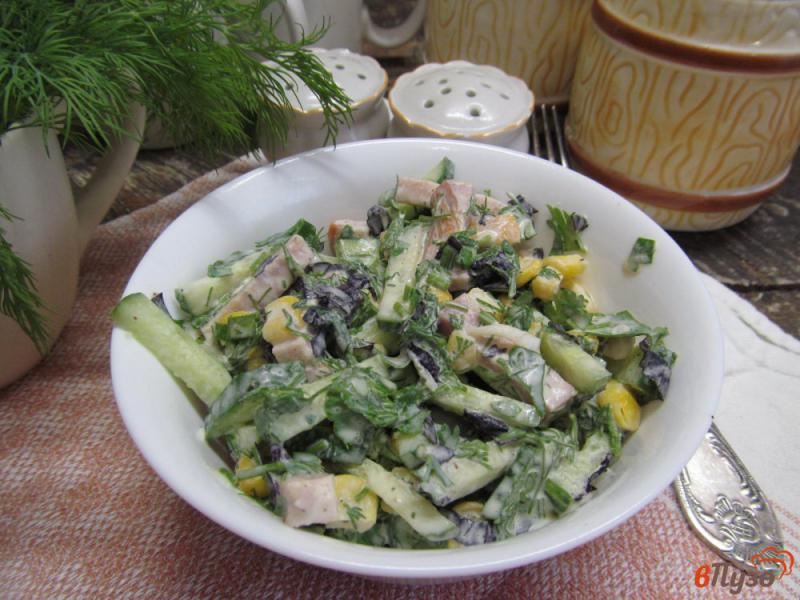 Фото приготовление рецепта: Легкий салат из ветчины с кукурузой и огурцом шаг №6