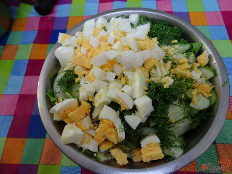 Фото приготовление рецепта: Зелёный салат с яйцом и огурцом шаг №5