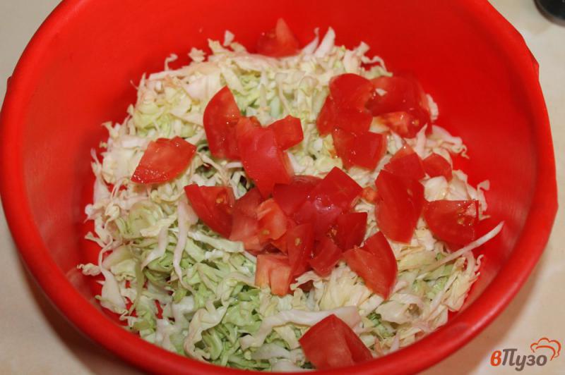 Фото приготовление рецепта: Салат из молодой капусты с огурцом и помидором шаг №2