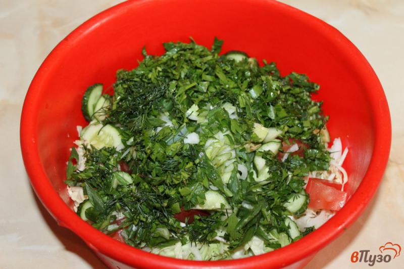 Фото приготовление рецепта: Салат из молодой капусты с огурцом и помидором шаг №4