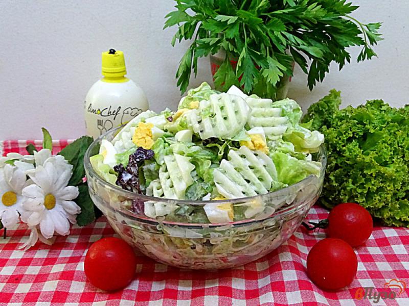 Фото приготовление рецепта: Зелёный микс салат с яйцом и огурцом шаг №7