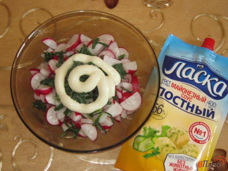 Фото приготовление рецепта: Салат из редиса с зеленым луком в майонезе шаг №3
