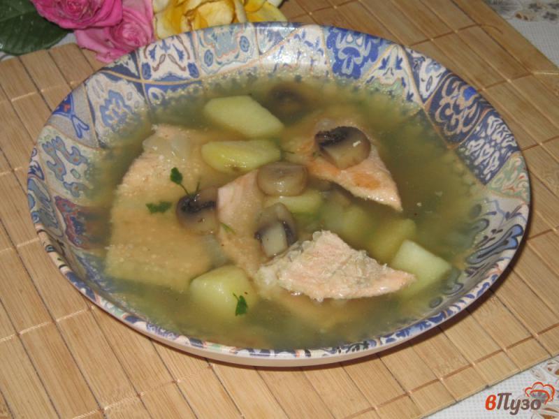 Фото приготовление рецепта: Суп из обрезков семги с грибами шаг №7