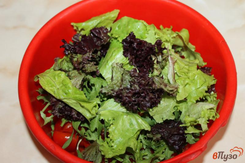 Фото приготовление рецепта: Теплый салат из кабачка и перца с черри и миксом зелени шаг №4