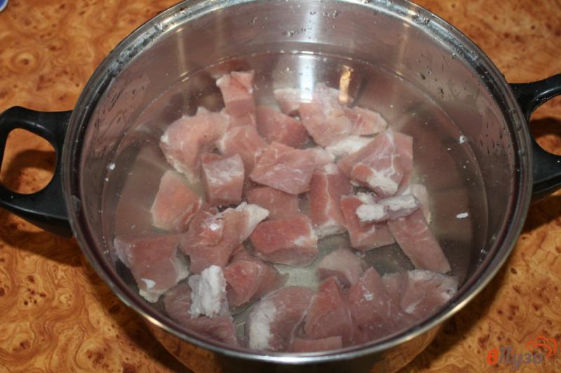 Фото приготовление рецепта: Суп со свининой, грибами и кабачком шаг №1