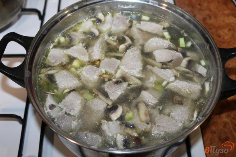 Фото приготовление рецепта: Суп со свининой, грибами и кабачком шаг №4