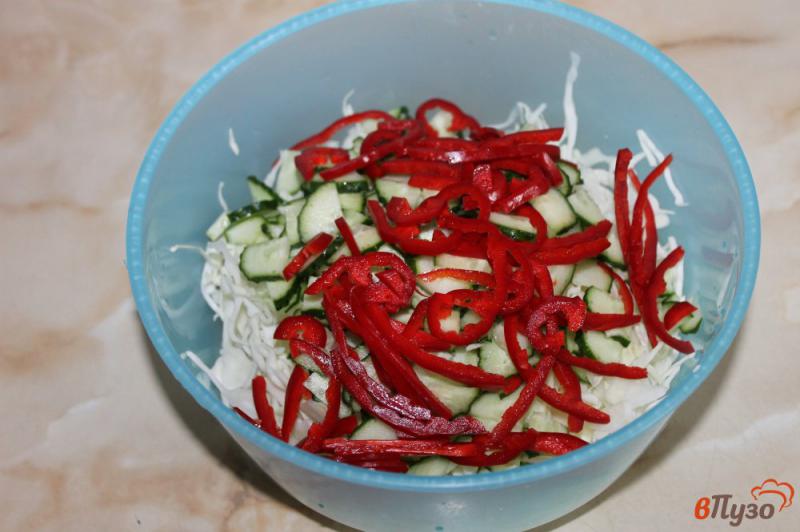 Фото приготовление рецепта: Салат из капусты с болгарским перцем и огурцом шаг №3