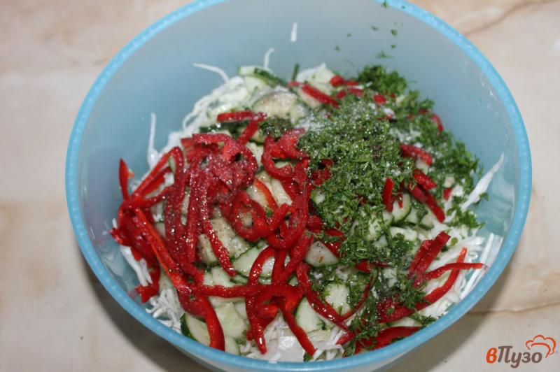 Фото приготовление рецепта: Салат из капусты с болгарским перцем и огурцом шаг №5