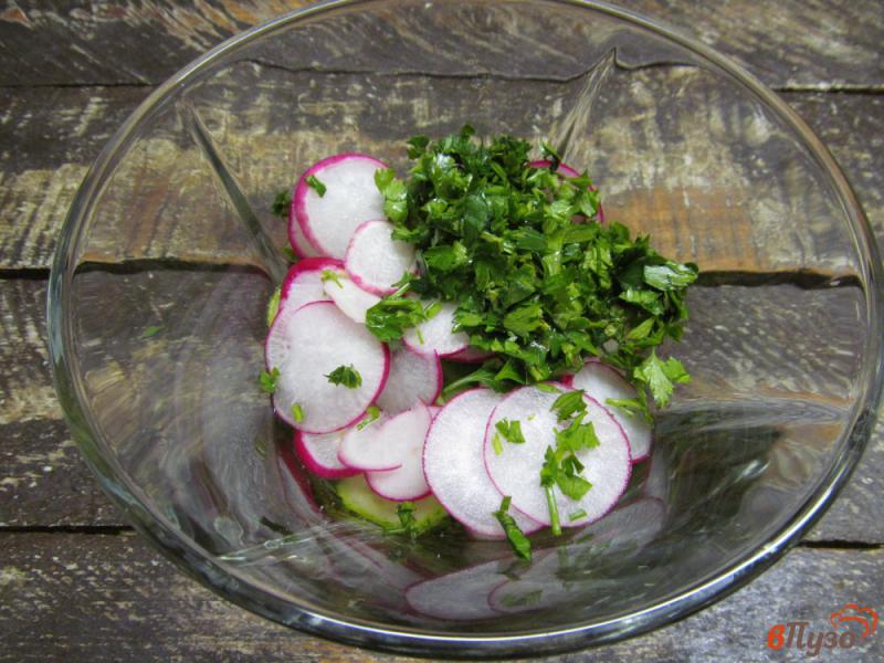 Фото приготовление рецепта: Салат из редиса и огурца с хреновой заправкой шаг №4