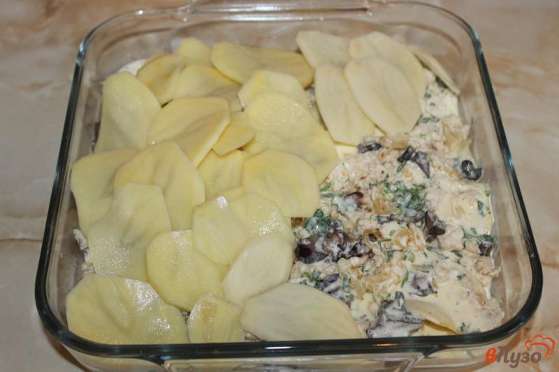 Фото приготовление рецепта: Картофельная запеканка с фаршем и грибами шаг №9