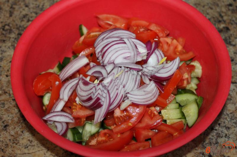 Фото приготовление рецепта: Овощной салат с красным и зеленым луком шаг №3