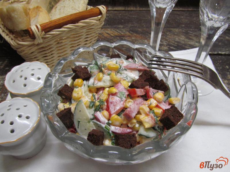 Фото приготовление рецепта: Мясной салат с овощами кукурузой и ржаными сухариками шаг №7