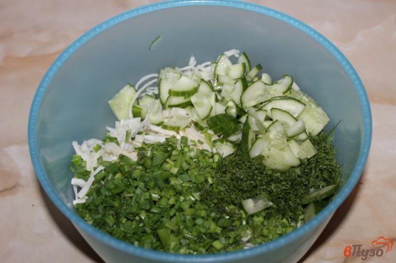 Фото приготовление рецепта: Капустный салат с огурцом и миксом зелени шаг №3