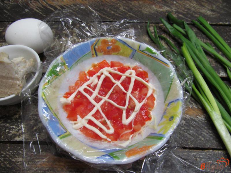 Фото приготовление рецепта: Слоеный мясной салат из помидора с сыром шаг №3