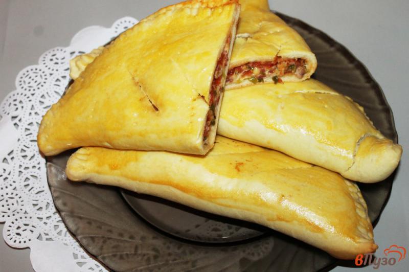 Фото приготовление рецепта: Закрытая пицца с мясом и колбасой шаг №6