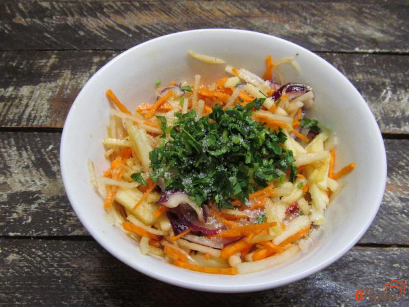 Фото приготовление рецепта: Салат из яблока редьки и моркови шаг №6