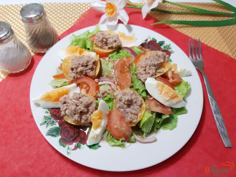 Фото приготовление рецепта: Салат овощной с чипсами и тунцом шаг №11