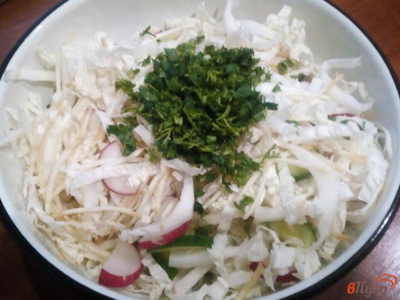 Фото приготовление рецепта: Салат из пекинской капусты, огурца и редиски шаг №4