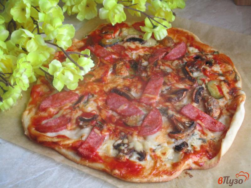 Фото приготовление рецепта: Пицца на дрожжевом тесте с колбасой и солеными огурцами шаг №10