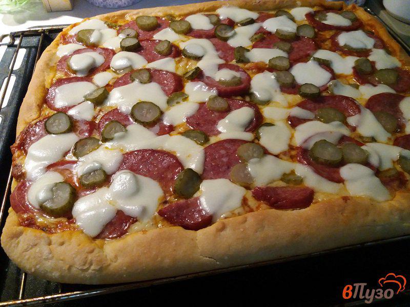 Фото приготовление рецепта: Пицца с салями и моцареллой шаг №10