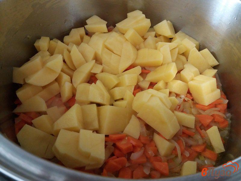 Фото приготовление рецепта: Тушеный картофель с говяжьей тушенкой шаг №4