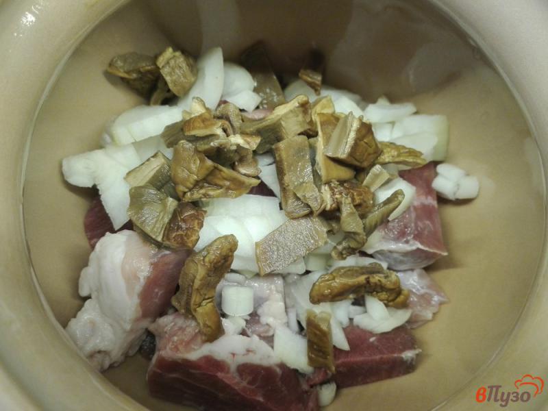 Фото приготовление рецепта: Жаркое из свинины с овощами и белыми грибами шаг №3