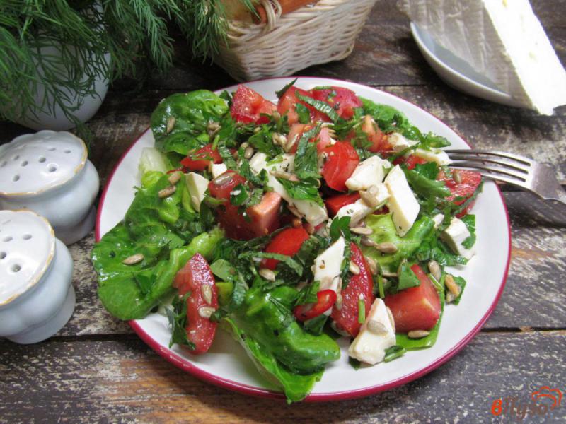 Фото приготовление рецепта: Помидорный салат с сыром бри и семечками шаг №5