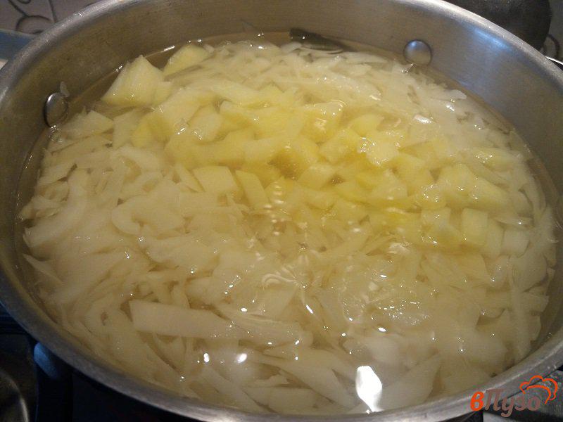 Фото приготовление рецепта: Томлёные щи из свежей капусты с колбасками барбекю шаг №9