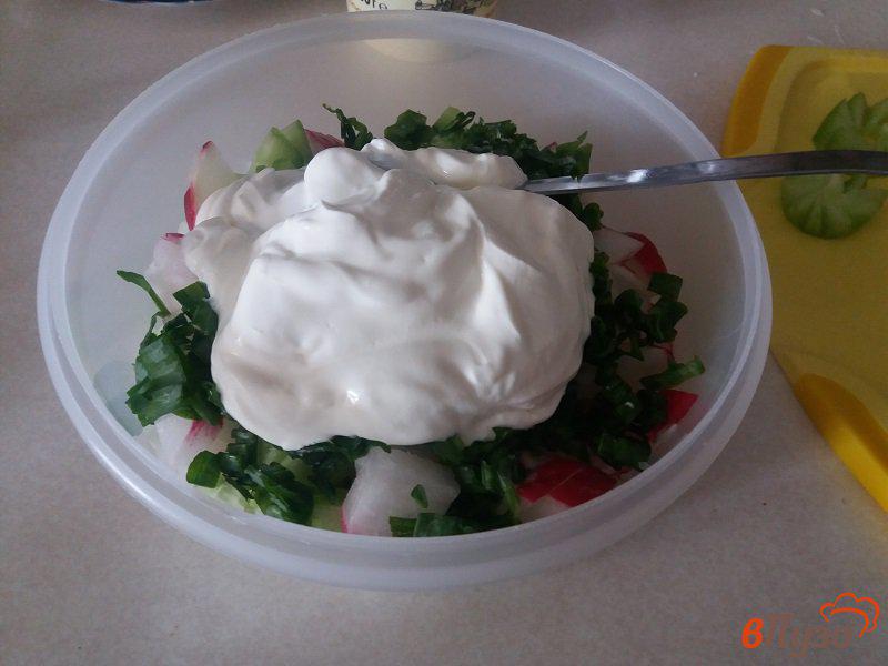 Фото приготовление рецепта: Салат весенний из редиски и огурцов шаг №6