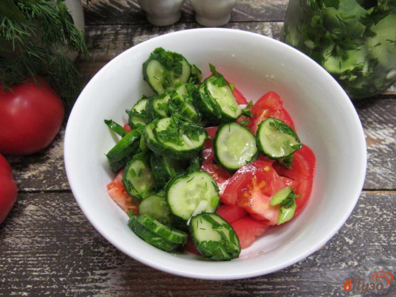 Фото приготовление рецепта: Помидорный салат с малосольным огурцом шаг №6