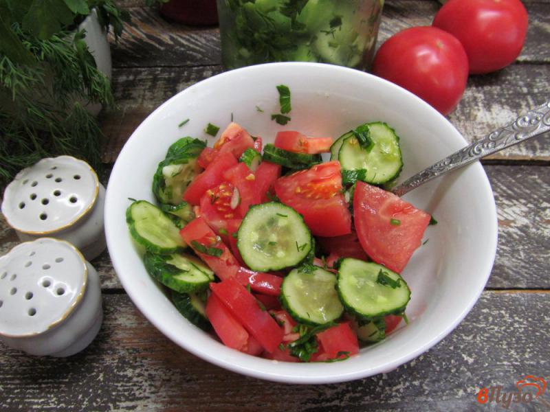 Фото приготовление рецепта: Помидорный салат с малосольным огурцом шаг №7