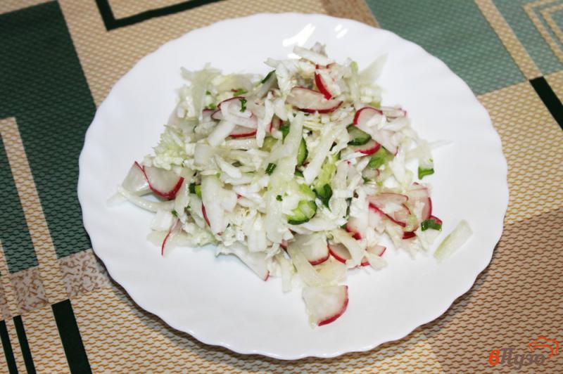 Фото приготовление рецепта: Салат из пекинской капусты с редисом и огурцом шаг №5
