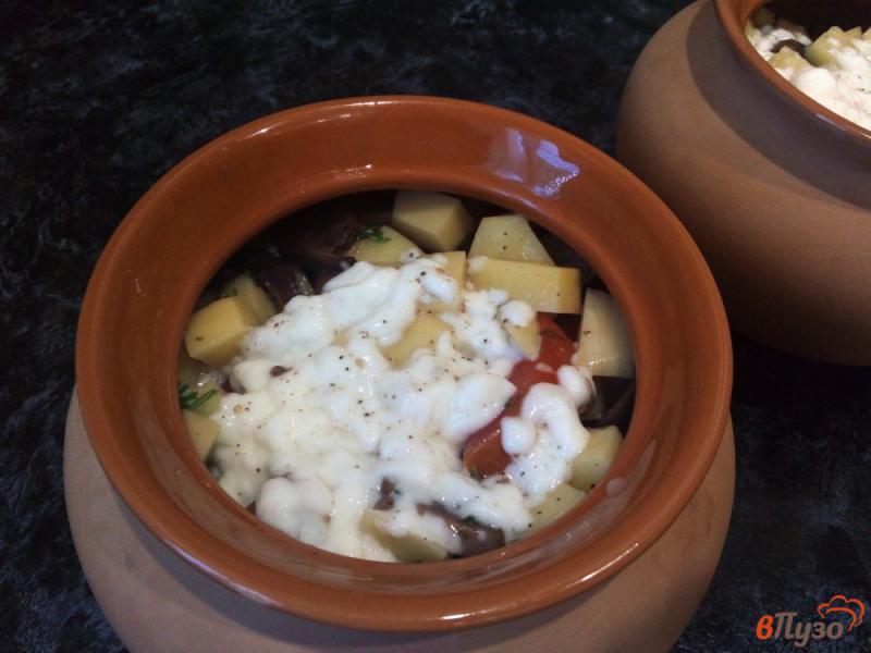 Фото приготовление рецепта: Картофель с грибами помидором и укропом в горшках шаг №6