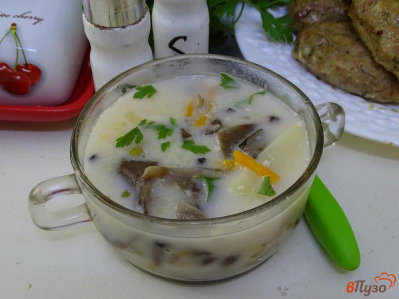 Фото приготовление рецепта: Суп с горошком опятами и сырками шаг №9