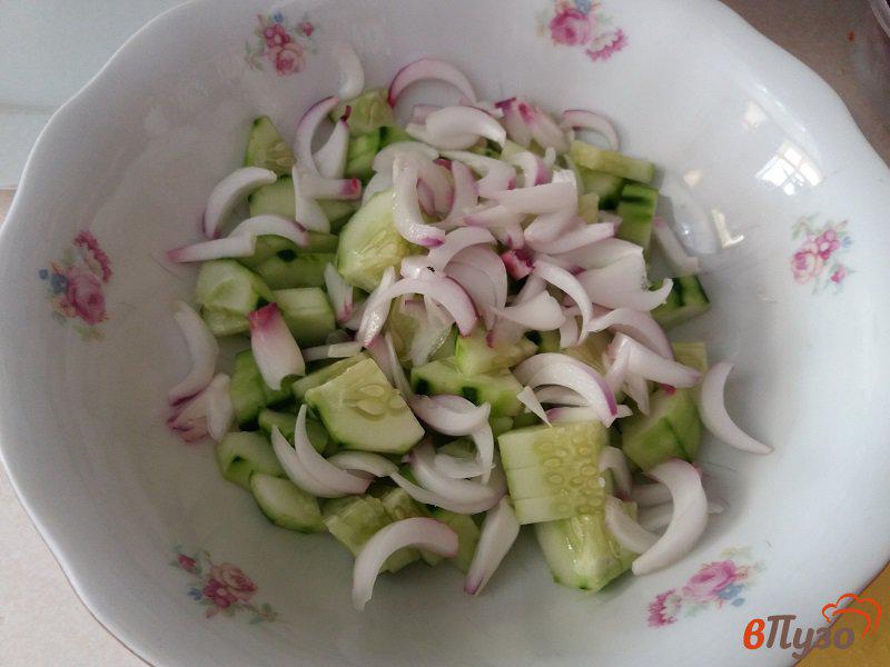 Фото приготовление рецепта: Овощной салат с красным луком и сметаной шаг №3